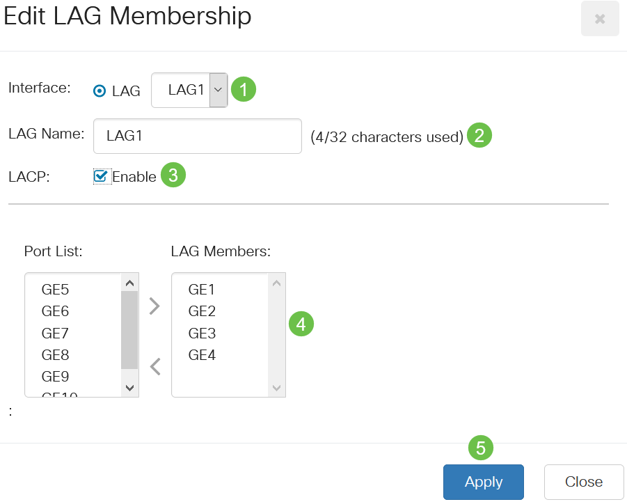 Configure LAG, LAG Name, LACP, Port List, LAG Members and Click Apply.