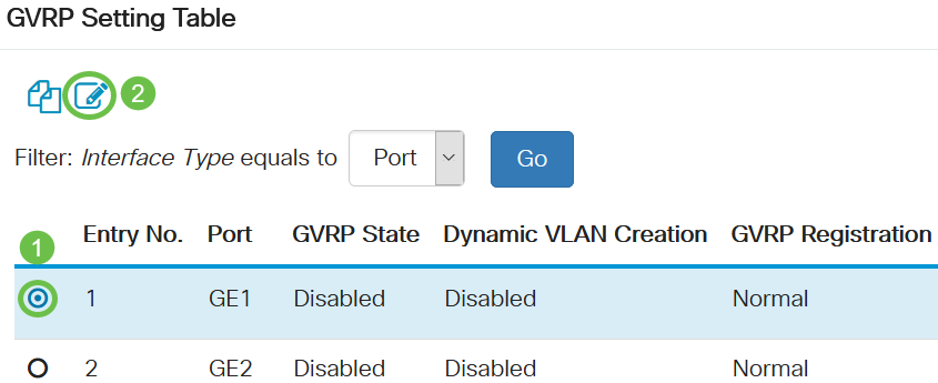 Click the radio button to select the interface on which you would like to configure GVRP and click Edit.
