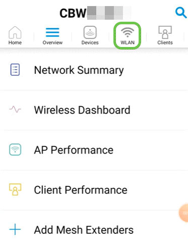Connect to your Cisco Business wireless network on your mobile device. Log into the application. Click on the WLAN icon on the top of the page.