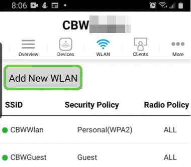 The Add New WLAN screen opens. You will see existing WLANs. Select Add New WLAN.