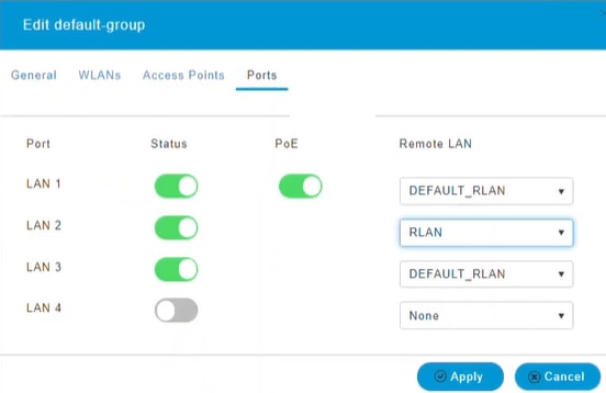 Under the Ports tab, you can assign the Ports on the AP to specific Remote LANs. 