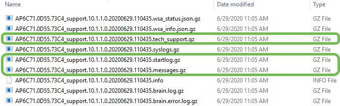 Within the support bundle, the cli_file (configuration file), msg/syslogs (event logs), and startlog provide the most relevant information. The files you see may vary. An example is shown here. 