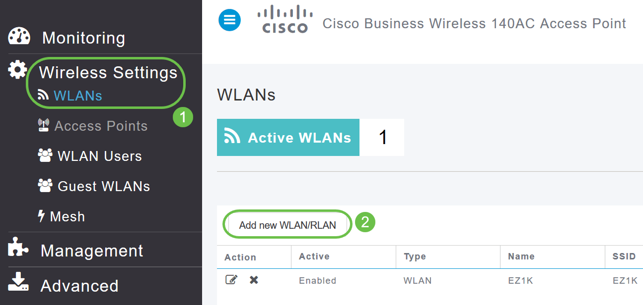 Adding new Wireless LAN (WLAN) on the Web UI. On the Web UI, navigate to Wireless Settings > WLANs. Select Add new WLAN/RLAN. 