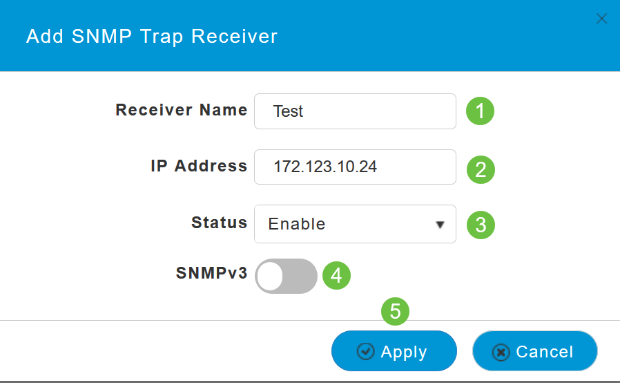 Configure Add SNMP Trap Receiver parameters and click Apply.
