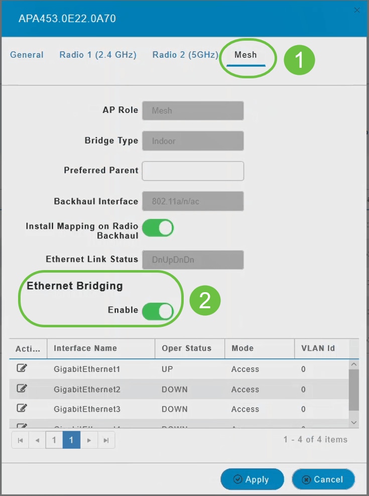 In the new pop-up window, navigate to the Mesh tab. Ensure that Ethernet Bridging is enabled