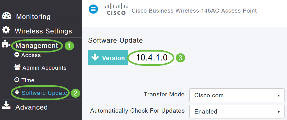 Choose Management > Software Update from the menu. The Software Update window is displayed with the current software version number listed at the top. 