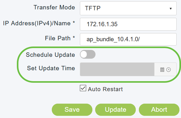 To perform the update at a later time, upto a maximum of 5 days from the current date, enable Schedule Update and specify the later date and time in the Set Update Time field. 