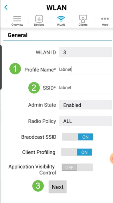 Enter a Profile Name and SSID. Fill in the rest of the fields or leave at the default settings. If you enabled Application Visibility Control, you will have other configurations explained in Step 6. Click Next. 