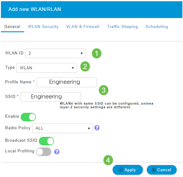 Fill out the SSID, WLAN enable, Radio Policy, Broadcast SSID, and local profiling. Click apply. 