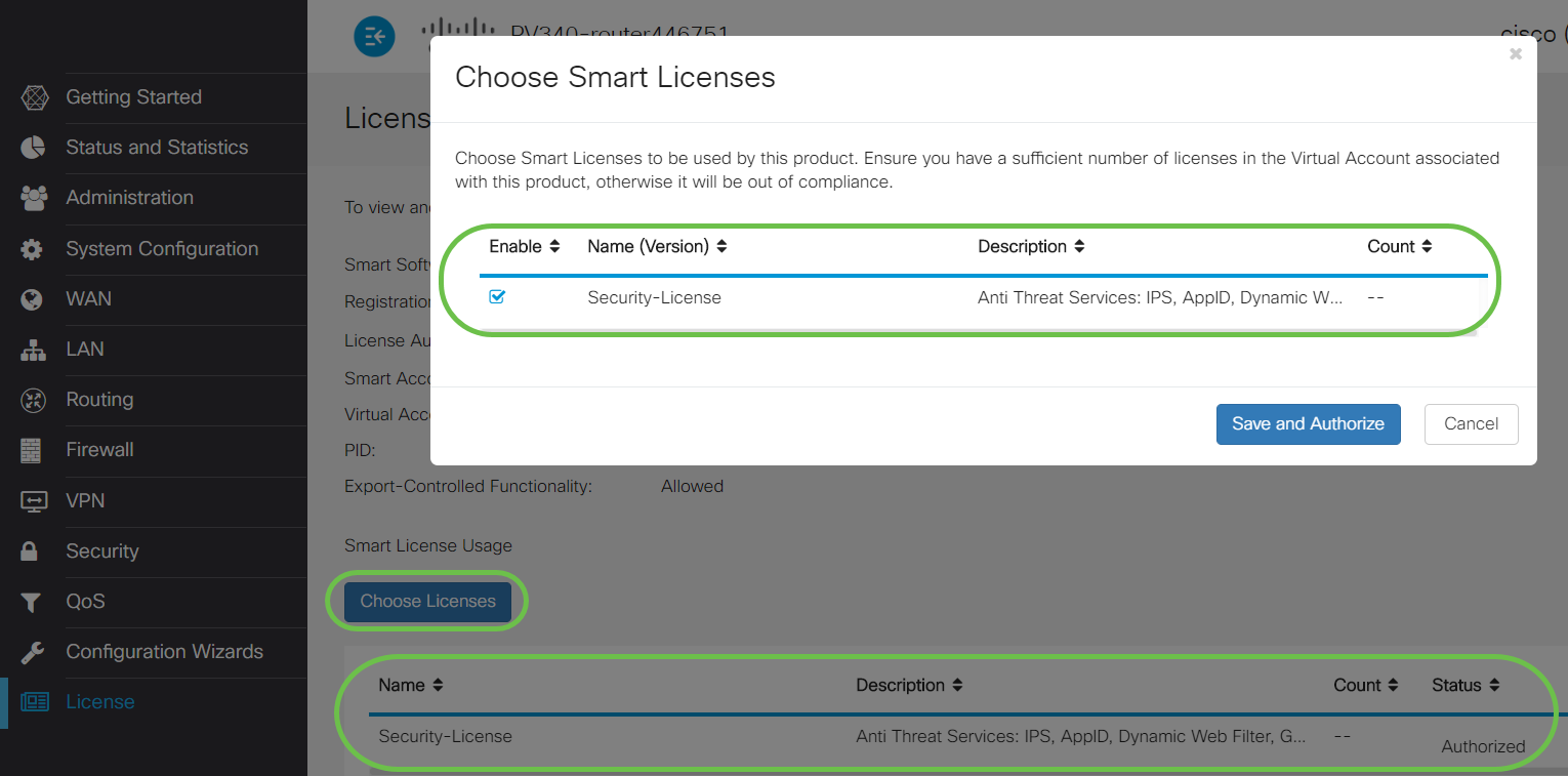 On the License page verify the Security-License status is showing Authorized. You may also click on the Choose License button to verify the Security-License is enabled.