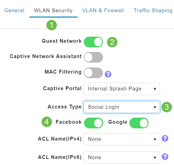 Click the WLAN Security tab. Enable the Guest Network and then select Social Login from the drop-down list for the access type. Lastly, use the toggles to enable or disable the social logins as desired.