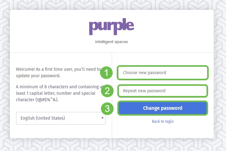 Purple login interstitial prompting choosing a new password, re-entering it and clicking a submit button.