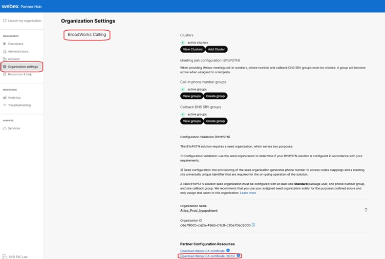 Página de Configuração da Organização Mostrando o Link de Download do Certificado