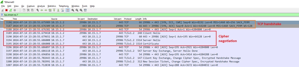 WiresharkでのTLSハンドシェイクの例