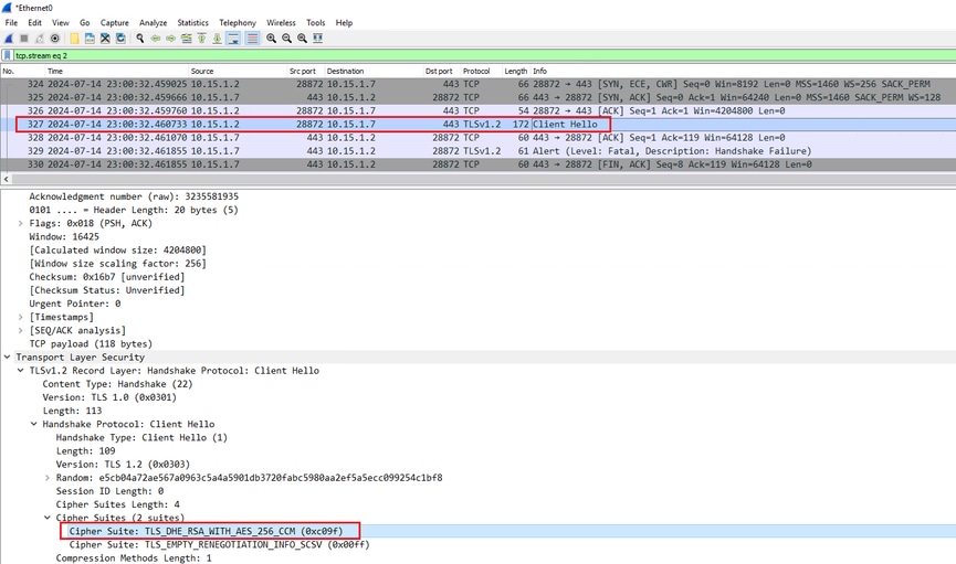 Exemple de paquet Hello client dans Wireshark