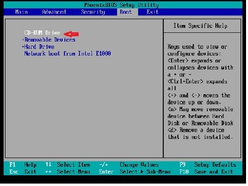 Déplacer l'option CD-ROM vers le haut de la liste