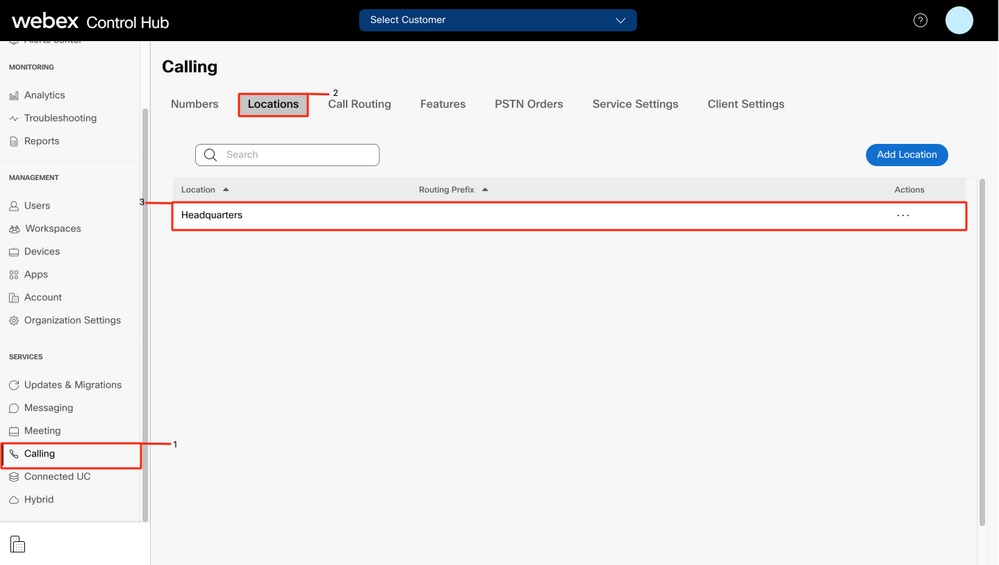 Webex Control Hub - Locations - Headquarters