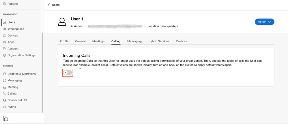 Users - User 1 - Incoming Calls Turned On