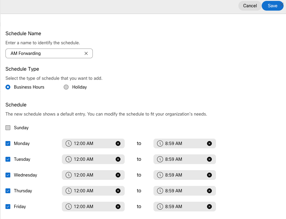 Create Schedule for AM Forwarding