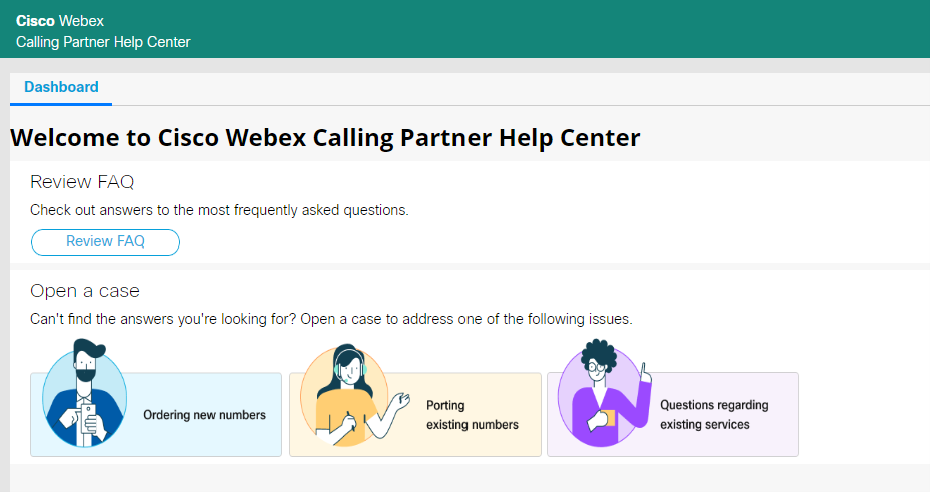 Home page di Cisco Webex Calling Partner Help Center.