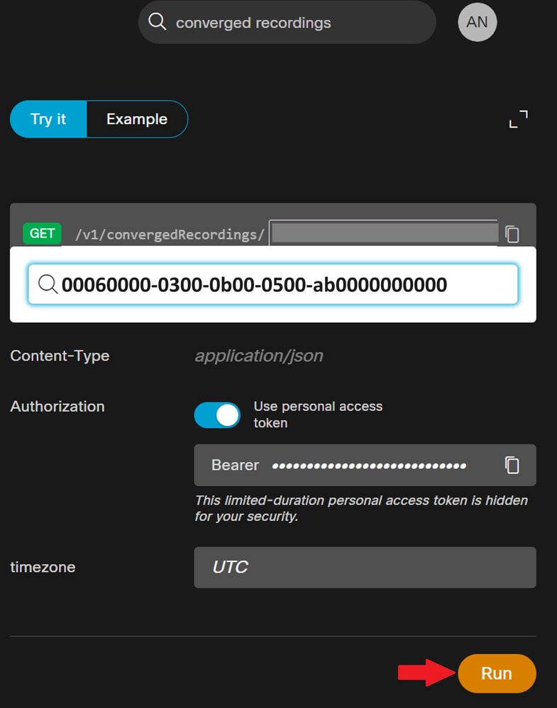 ID registrazione e pulsante Esegui