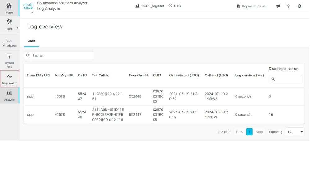 Log Analyzer Diagnostics Home