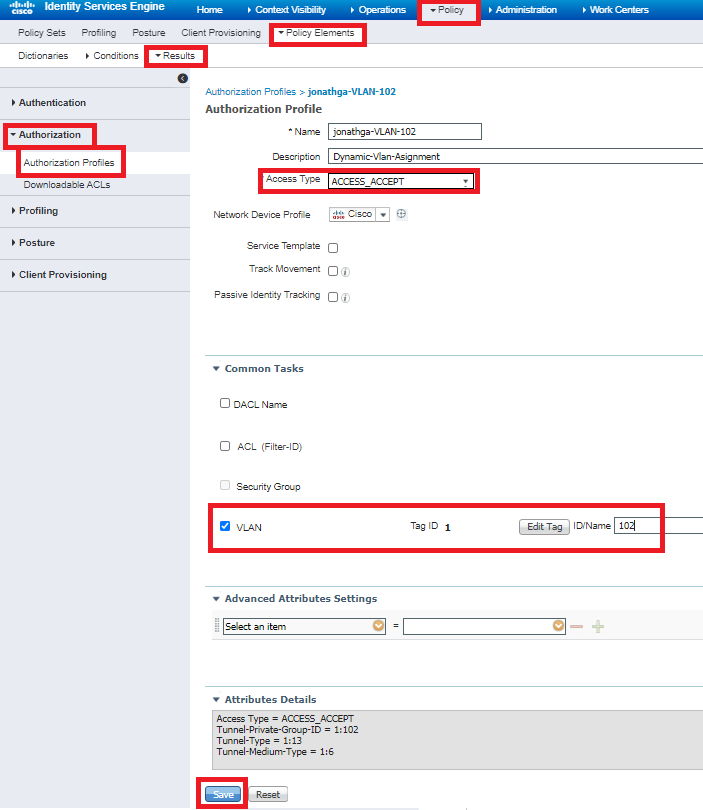 Configuración del perfil de autorización con información de VLAN