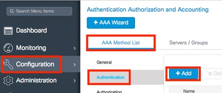 Navegue até a autenticação e selecione +Adicionar