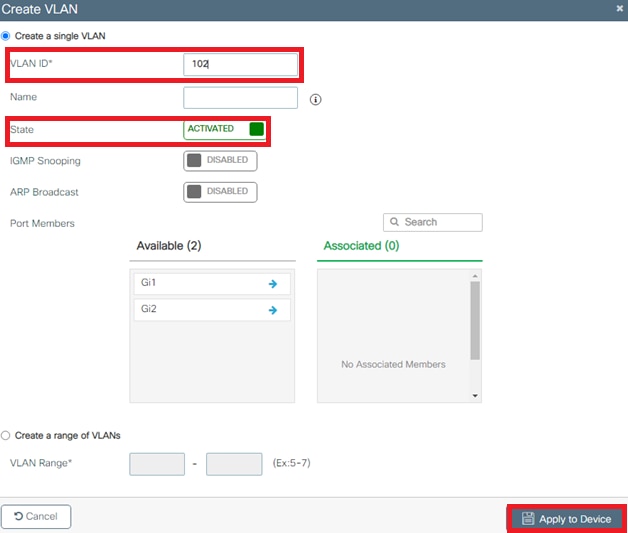 Introduzca información para crear una VLAN