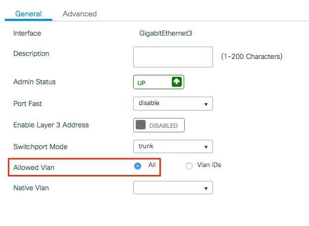 A configuração relacionada à configuração da interface se você usar TODAS as IDs de VLAN