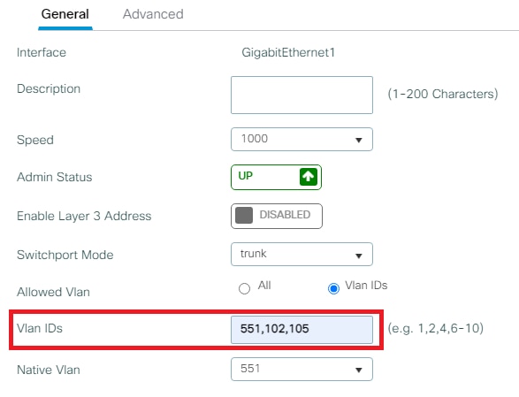 A configuração relacionada à configuração da interface se você usar IDs de VLAN específicas