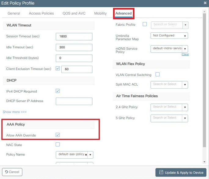 Enable the Allow AAA Override checkbox