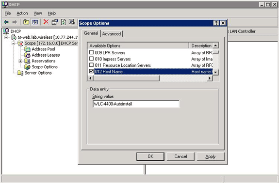 Autoinstall En Los Reguladores Del Wireless Lan Wlcs Con El Ejemplo De La Configuracion Del Servidor Dhcp De Microsoft Cisco