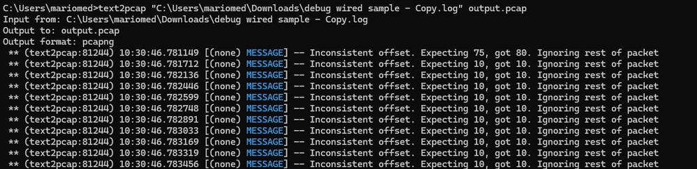 Resultado de línea de comandos de Windows después de un archivo no válido