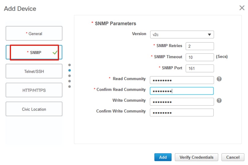 Aggiungi dispositivi - Impostazioni SNMP