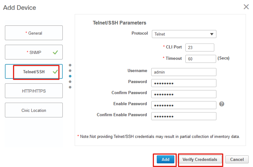 Adicionar dispositivo Telnet/credenciais SSH