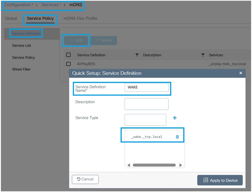 Définition de service personnalisé mDNS