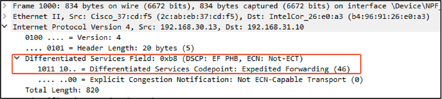 O PC com fio recebeu o pacote com DSCP 46