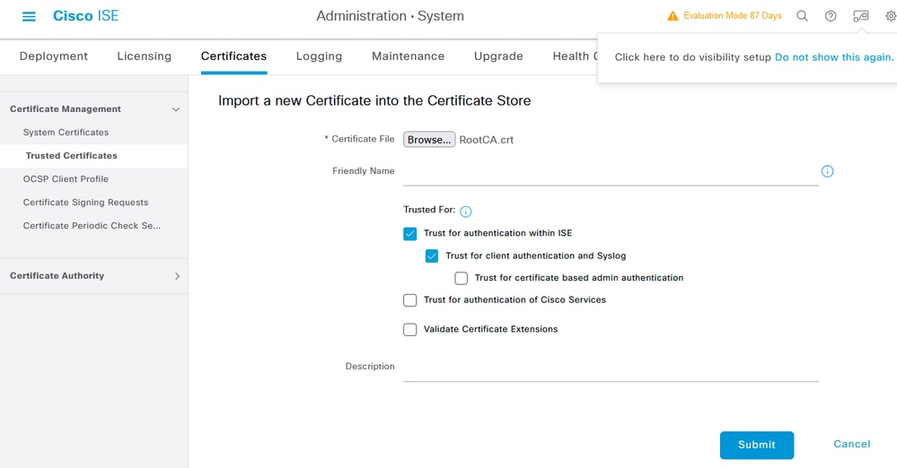 ISE Root CA Certificate Import Dialog