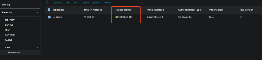 ISE GUI Showing IPSec Status