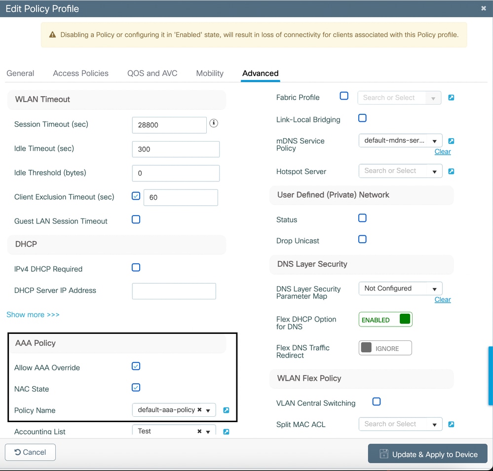Enable Allow AAA Override and NAC State