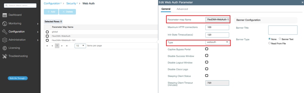 Configure Edit Web Auth Parameter