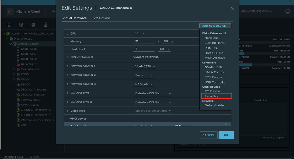 Add serial port to VM on ESXi