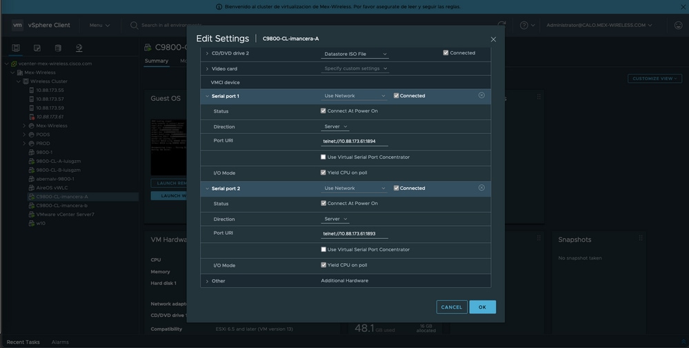 Serial port config of VM om ESxi