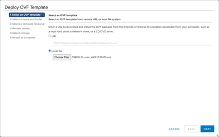 Enter the URL where the OVA file can be downloaded or select Local file and choose a file