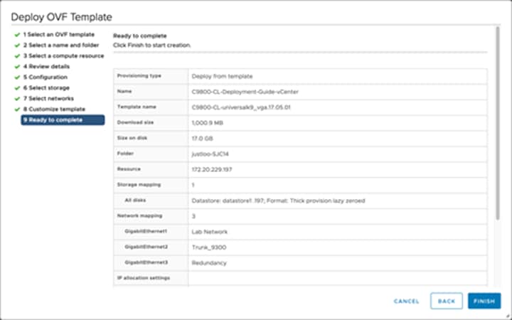 Finally, review the configuration data. Click Finish to deploy the 9800-CL in vCenter