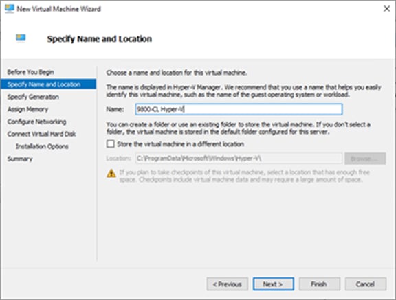 Provide a name for the VM and specify a location to store it. Click Next
