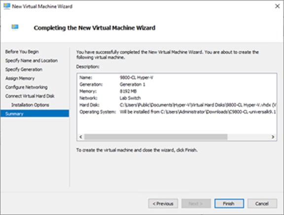 Click Finish to complete the VM creation