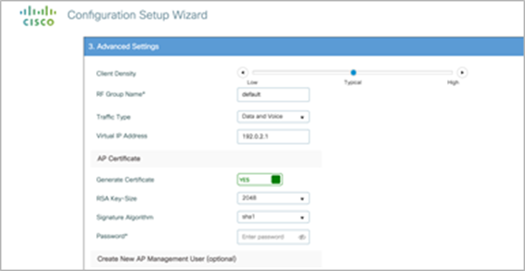 On the next page, set some basic RF parameters and the AP certificate