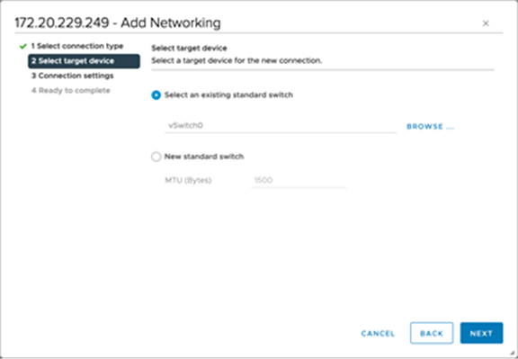 Select the required vSwitch for the port group. Click Next